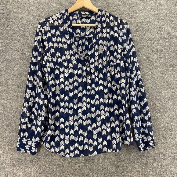 A New Approach Blouse Women S Small Blue Geometric V-Neck Long Sleeve 1/2 Button - Picture 1 of 9